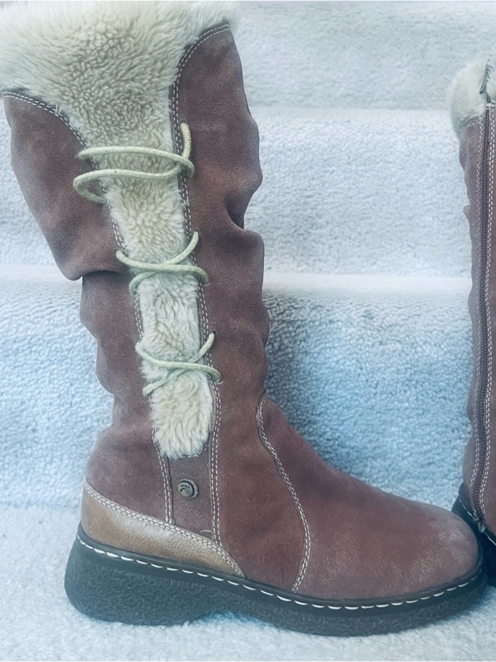 Bear Traps Wendie Women's Brown Suede Knee Boots with Cream Fur Trim Cozy Cabin - Picture 3 of 14